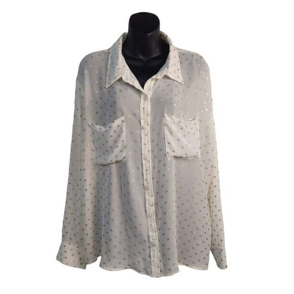 Mossimo Top Shirt Women's Sheer Cream White Gold Dots Print Button Up Sz… - Picture 1 of 9